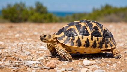 Obraz premium Radiated tortoise walking on the ground in its natural habitat, with vegetation and the sea behind