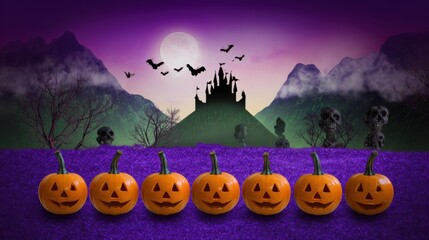 Halloween Pumpkin Parade: A vibrant array of carved pumpkins, illuminated with cheerful expressions, line up against a spooky backdrop featuring a full moon, a haunted castle, and silhouetted bats.
