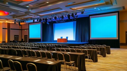 Conference hall set up for a business event with empty seats and stage in evening light