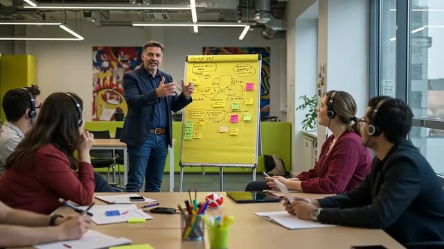 Team collaborating in a modern office during a business meeting presentation.