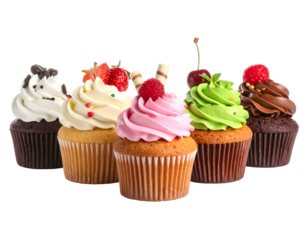 Five cupcakes with colorful frosting & toppings arranged on a black background