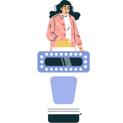 Cartoon Woman Standing Next To A Colorful Voting Booth With Ballot Box In Front Of A White Background