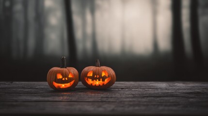 Spooky Pumpkin Duo: Illuminated jack-o'-lanterns rest on a weathered wooden surface against a backdrop of a dense, mysterious forest. An atmospheric scene of All Hallows' Eve. 