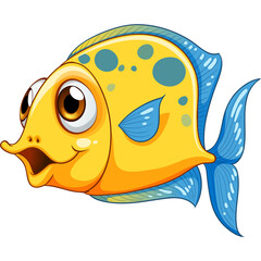 Cartoon Yellow And Blue Fish With Big Eyes And Open Mouth On A Transparent Background, Pixel Art Style
