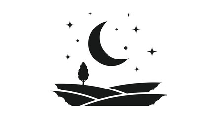 A lone tree stands on rolling hills under a crescent moon and starry night sky silhouette © MIRAJ02