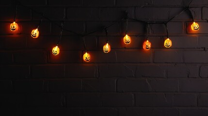 Festive Halloween String Lights: A string of intricately designed jack-o'-lantern lights casts an eerie glow against a textured brick wall, invoking the playful spirit of Halloween. 