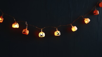 Halloween Glow: A strand of illuminated jack-o'-lantern lights casts an eerie and inviting glow against a dark backdrop. The warm light creates a festive and spooky atmosphere. 