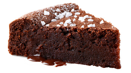 Delicious chocolate cake slice topped with sea salt on transparent background for designers