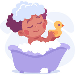 A joyful child with eyes closed holds a yellow rubber duck while bathing in a lavender bathtub filled with fluffy white soap suds creating a serene and playful atmosphere