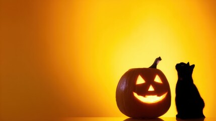 Spooky Halloween Duo: A glowing jack-o'-lantern paired with a silhouette of a sleek black cat against a vivid orange backdrop, celebrating the eerie charm of Halloween.