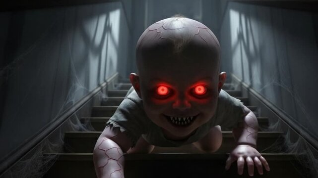 Creepy Baby with Glowing Red Eyes Crawling Down Stairs.