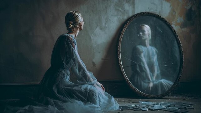 A woman is sitting on the floor in front of a mirror. The mirror is broken. Ghostly woman sitting beside broken mirror, faint reflection, subdued palette, cinematic sadness, sad ghost woman