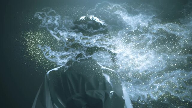 A woman's face is shown in a blurry, hazy light. Japanese ghost woman fading into misty air, ethereal light particles, calm, balanced cinematic style, Japanese ghost woman yurei