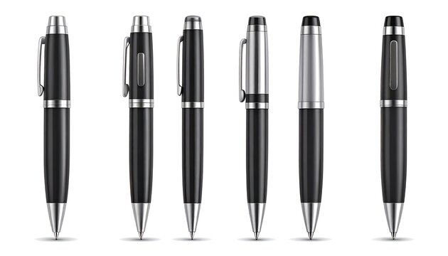 Array of elegant black pens with silver accents, neatly arranged