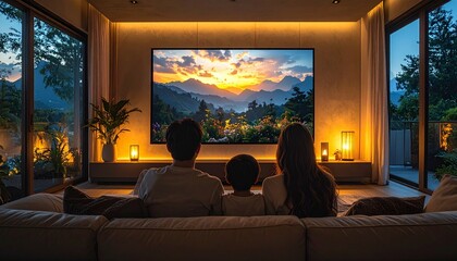 Happy Family Watching TV Together in Cozy Living Room During Evening Time