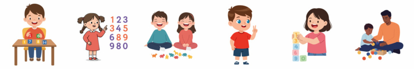 Cheerful Cartoon Diverse Children Illustration Set in Educational Activities