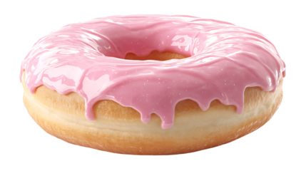 Donut with pink frosting and dripping icing on transparent background, side view