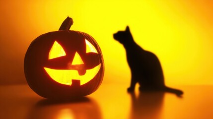 Jack-o'-lantern and Black Cat: A glowing jack-o'-lantern casts an eerie light, with a mysterious black cat silhouette in the shadows, creating a spooky and atmospheric scene. 