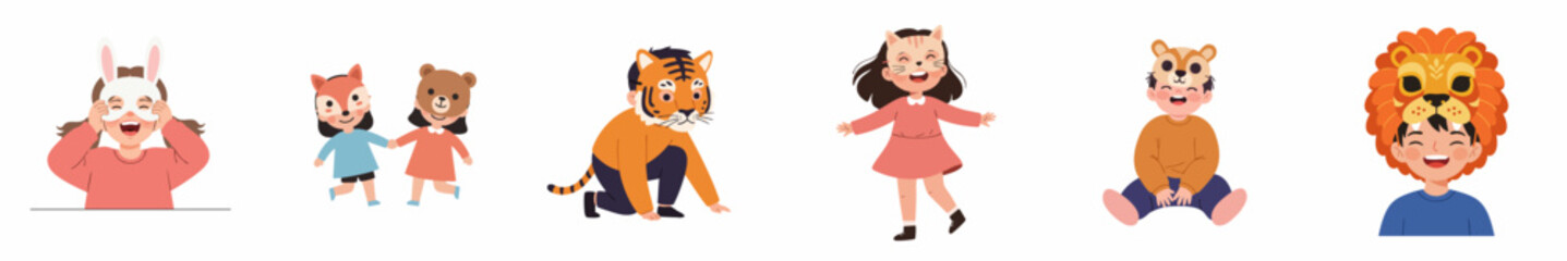 Flat Illustration of Children Wearing Various Animal Masks Posing Together