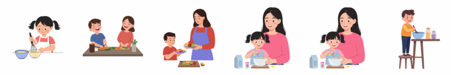 Charming Illustration Children and Adults Preparing Food Together in the Kitchen