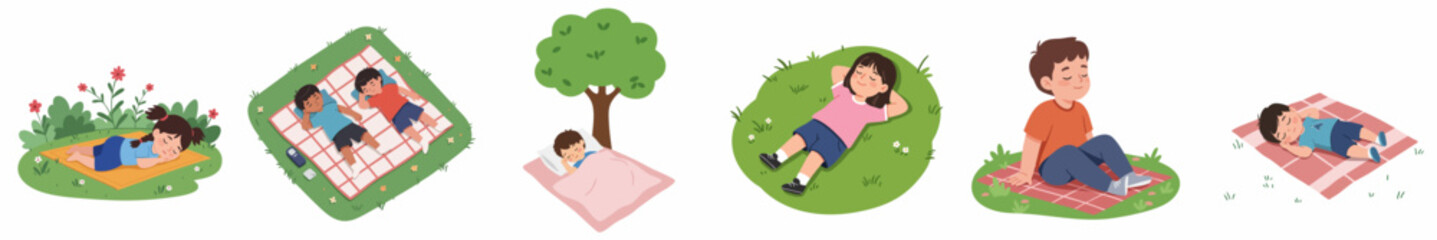 Cartoon Style Various Sleeping and Relaxing Person on Picnic Mat Icon Set