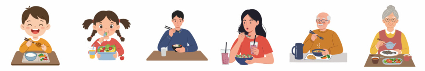 Flat Cartoon Diverse Generation Family Member Eating Meal Together Illustration