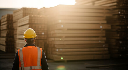A construction worker in a safety vest and hard hat looks out at stacks of lumber in a sunlit warehouse