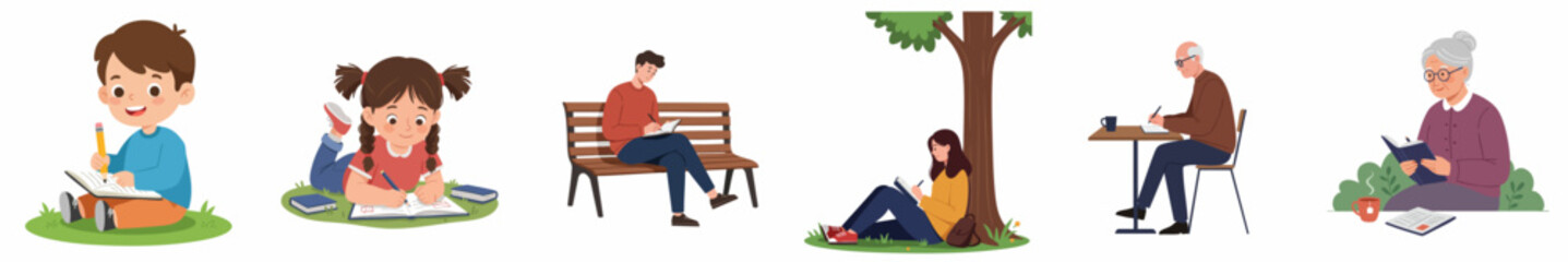 Cartoon Style Diverse People Reading and Writing Outdoor Illustration Asset