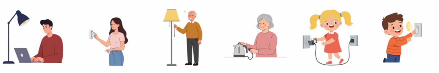 Cartoon Illustration of Energy Saving and Electrical Safety at Home