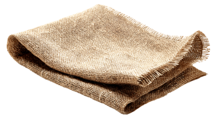 Folded burlap sackcloth fabric material detailed texture on transparent background isolated close up