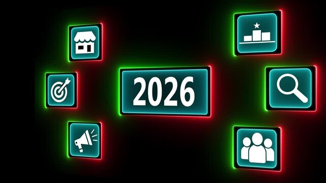 Business Goals and Growth Strategy for 2026 Concept on the transparent background. Target icons, and business growth symbols, challenges strategic planning and future success. 4k video .