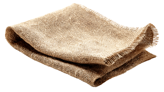 Folded burlap sackcloth fabric material detailed texture on transparent background isolated close up