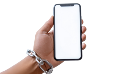 Digital Bondage: A hand, clasped by a metallic chain, clutches a blank-screen smartphone, a potent visual metaphor for the dependence of technology in contemporary life.