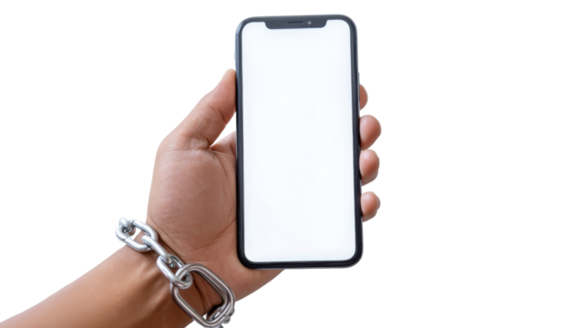 Digital Bondage: A hand, clasped by a metallic chain, clutches a blank-screen smartphone, a potent visual metaphor for the dependence of technology in contemporary life. - Powered by Adobe