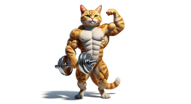 Hilarious muscular cat flexing biceps while lifting weights, perfect for fitness memes and humorous designs, showcasing strength and playful animal themes