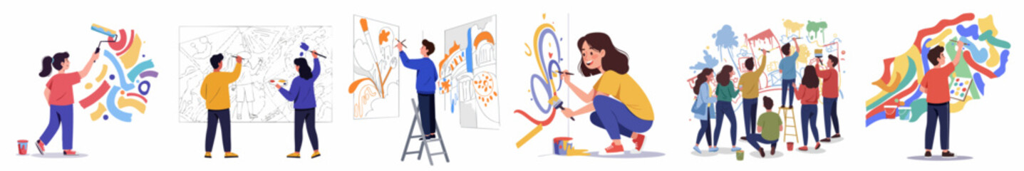 Colorful Illustration People Painting Mural Together in Studio Room