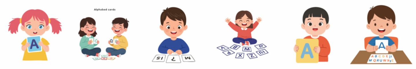Playful Cartoon Style Children Learning Alphabet Flashcard in Various Action Poses Illustration