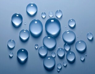A collection of pristine, clear water droplets of various sizes resting on a smooth, light blue surface.