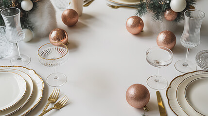 Elegant holiday table setting with gold-rimmed plates, glassware, and rose gold ornaments