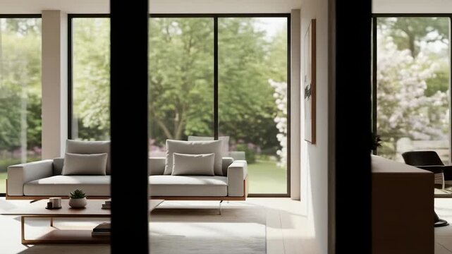 Interior view through dark frame with a sofa and artwork, window revealing lush greenery