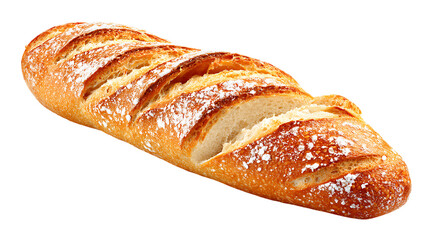 Freshly baked baguette with cut markings on transparent background, angled view and golden crust