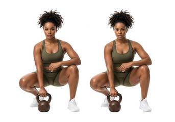 Athletic women performing kettlebell sumo squats demonstrating strength and fitness isolated on transparent background