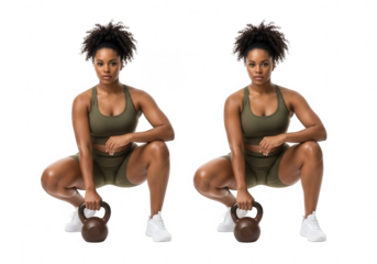 Athletic women performing kettlebell sumo squats demonstrating strength and fitness isolated on transparent background
