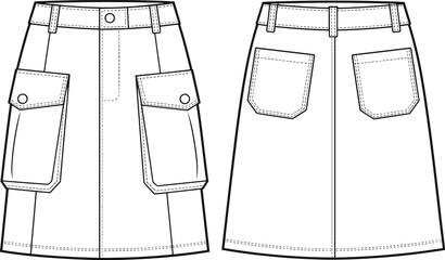 Flat vector illustration, technical skirt sketch, front and back view, fashion design, garment construction, pocket detail, A-line silhouette, template