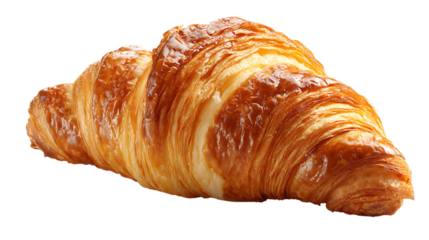 Freshly baked golden croissant with flaky crust isolated on transparent background, delicious pastry