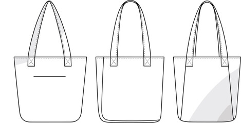 Flat vector illustration, tote bag sketch, front view comparison, fashion design, technical drawing, product template, stitching detail, accessory design