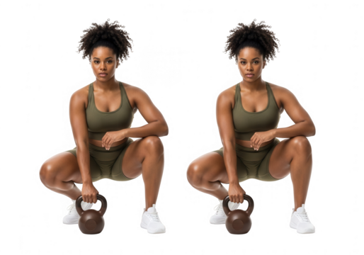 Athletic women performing kettlebell sumo squats demonstrating strength and fitness isolated on transparent background