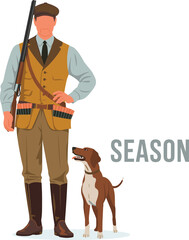 Hunter with dog in traditional gear, shotgun, autumn field, hunting season, outdoor sport, countryside lifestyle, flat vector illustration