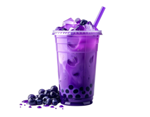 Purple bubble tea in a clear plastic cup with dark boba pearls on a black background