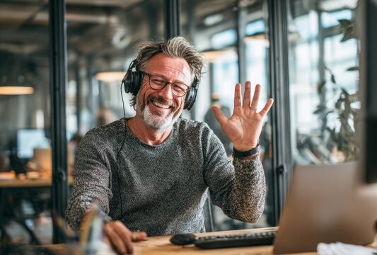 A man wearing glasses and a gray sweater is smiling and waving at the camera